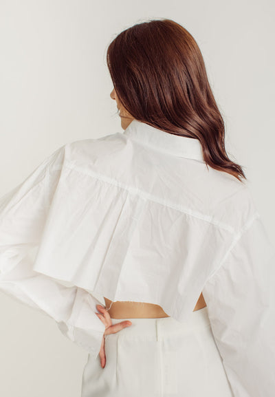 Nancy White Collar Long Sleeve Button Raw Hem Pocket Crop Shirt