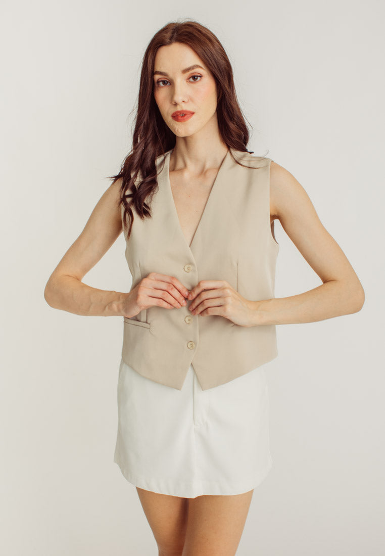 Sheila Beige V Neck Sleeveless Waistcoat