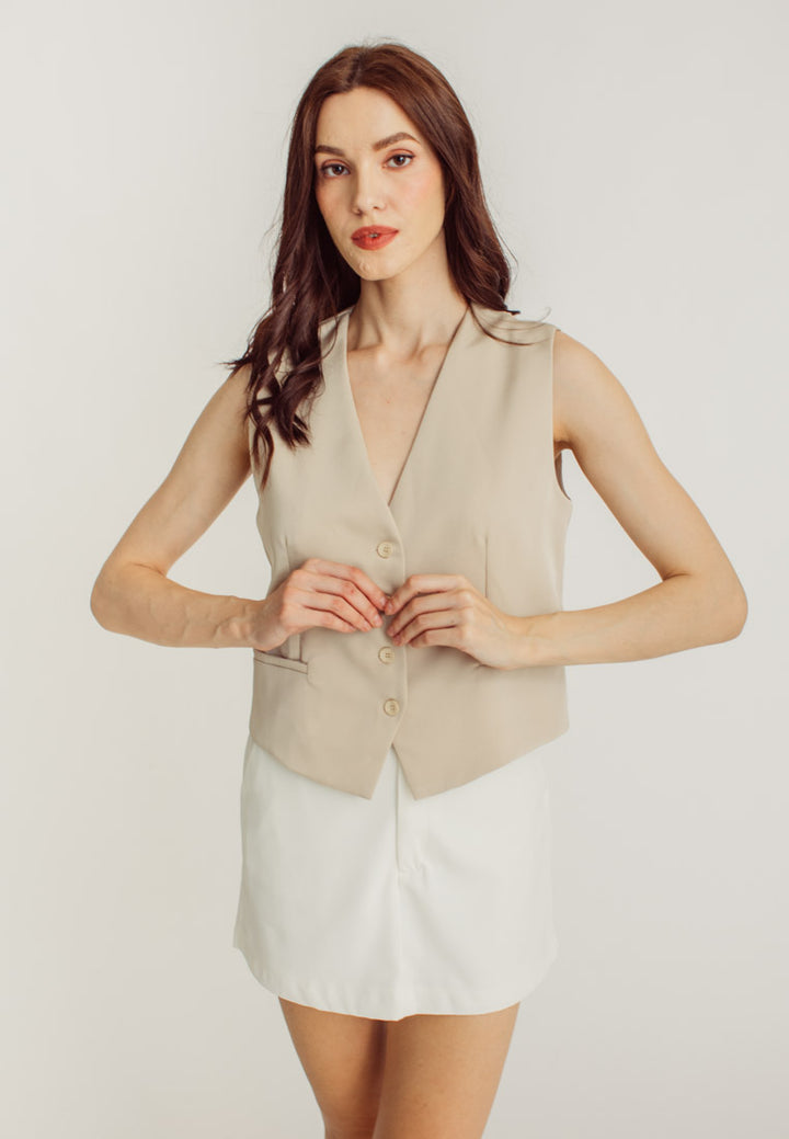 Sheila Beige V Neck Sleeveless Waistcoat