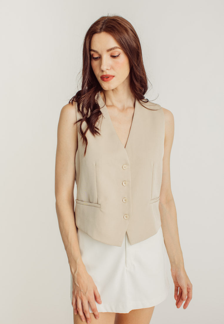 Sheila Beige V Neck Sleeveless Waistcoat