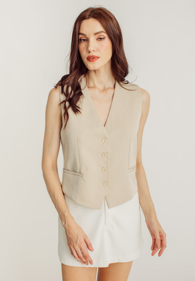 Sheila Beige V Neck Sleeveless Waistcoat