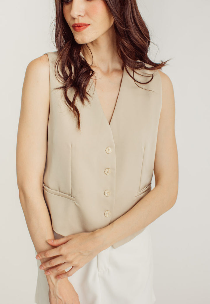 Sheila Beige V Neck Sleeveless Waistcoat
