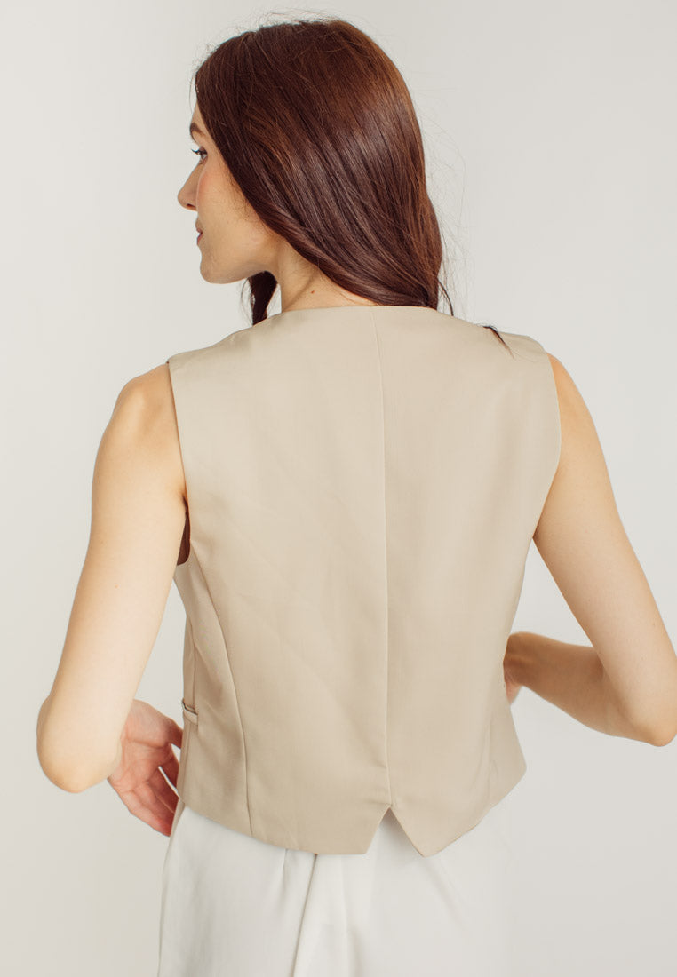 Sheila Beige V Neck Sleeveless Waistcoat