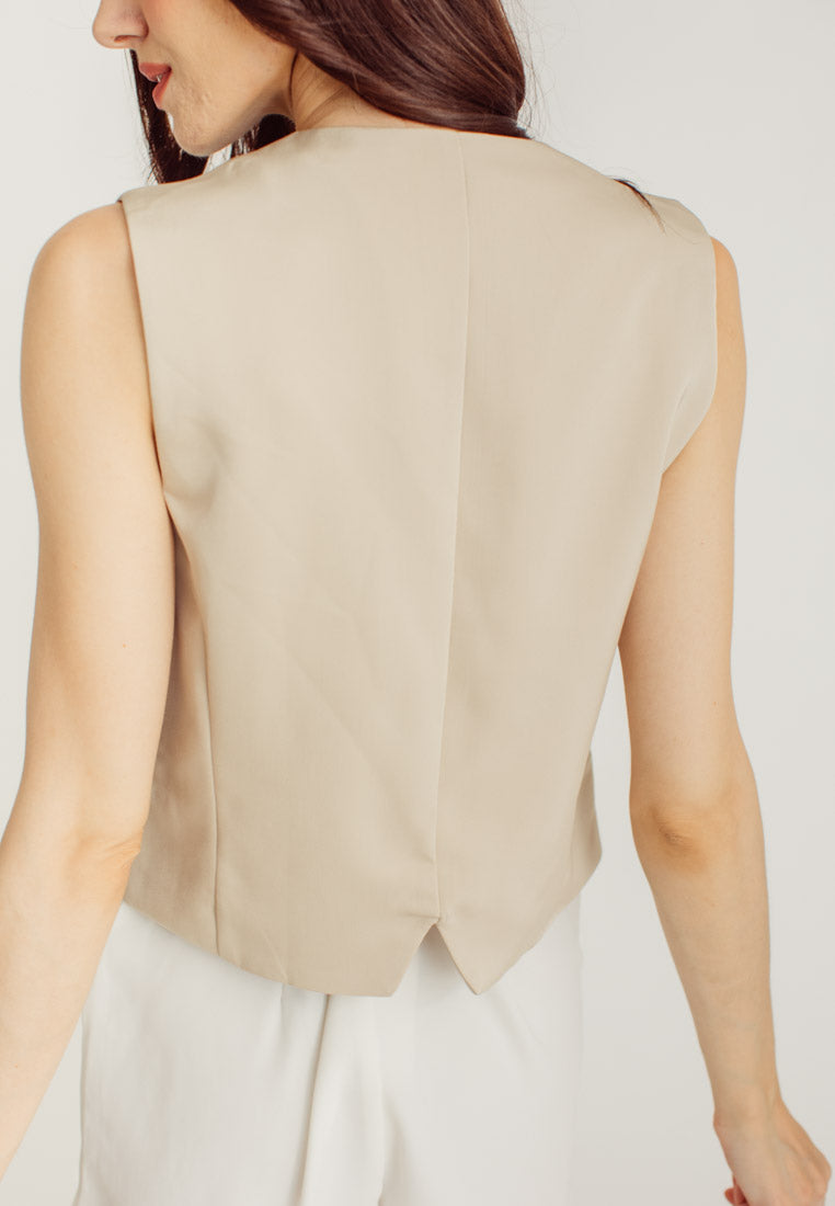 Sheila Beige V Neck Sleeveless Waistcoat
