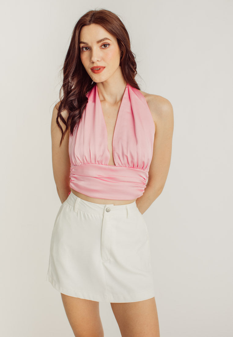 Aloe Pink Silk Halter Sleeveless Open Self Tie Back Sexy Top