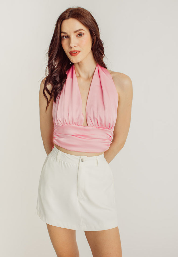 Aloe Pink Silk Halter Sleeveless Open Self Tie Back Sexy Top