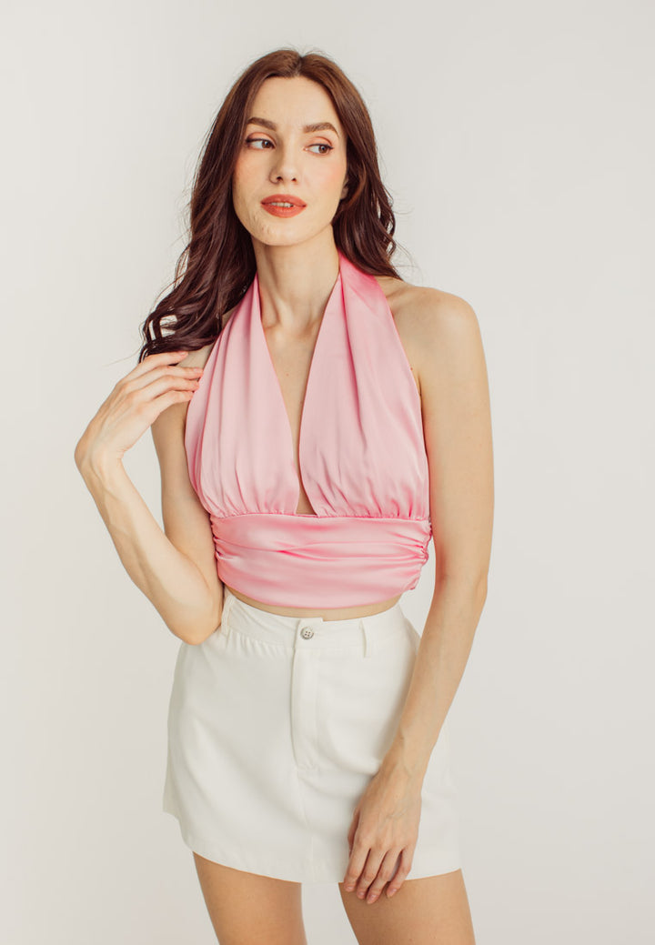 Aloe Pink Silk Halter Sleeveless Open Self Tie Back Sexy Top