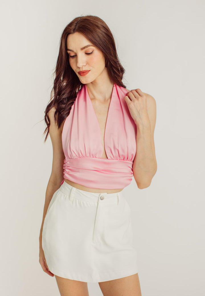Aloe Pink Silk Halter Sleeveless Open Self Tie Back Sexy Top