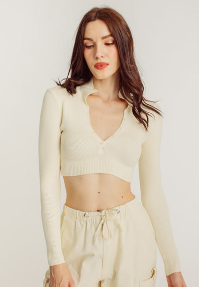 Briar Cream Knitted Collar V Neck with Button Long Sleeves Crop Top