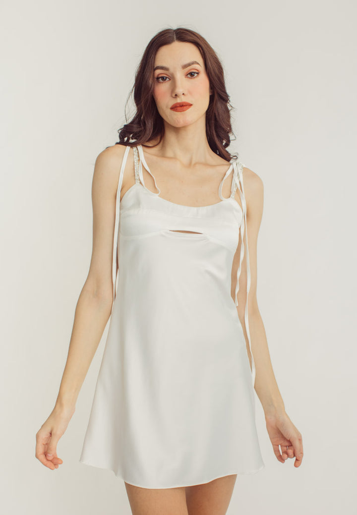 Lily White Satin Mini Crystal Stone Strap Mini Dress
