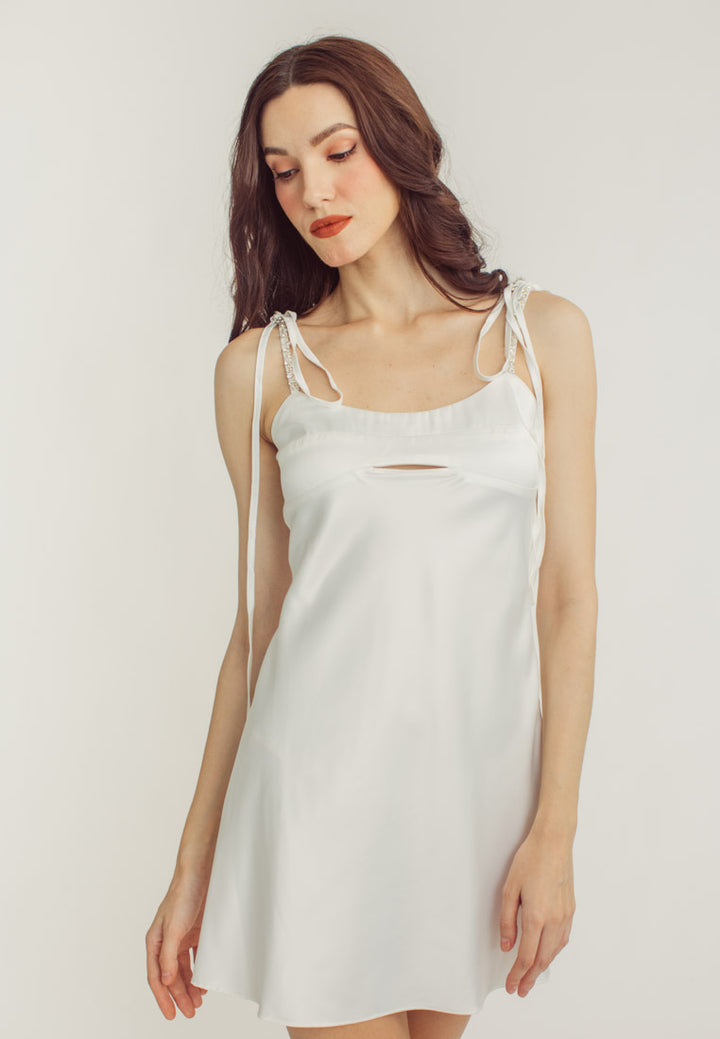 Lily White Satin Mini Crystal Stone Strap Mini Dress