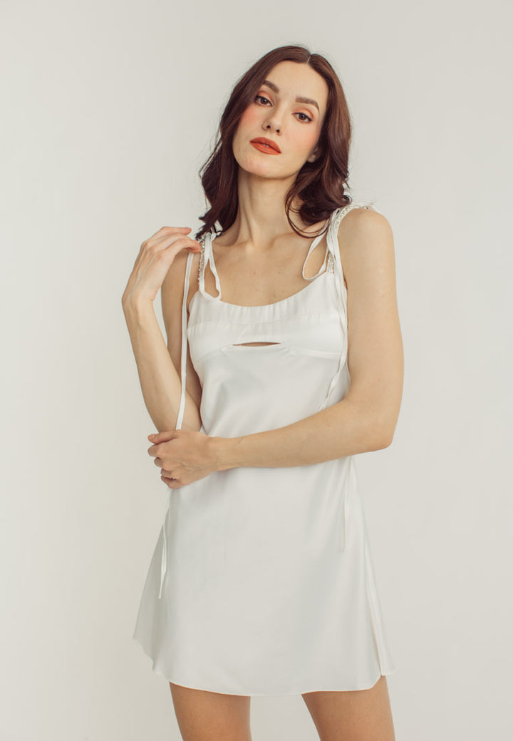Lily White Satin Mini Crystal Stone Strap Mini Dress
