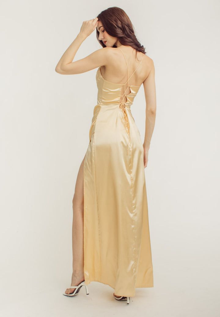 Rosie Cream Satin Corset Cowl Neckline with High Slit Maxi Dress