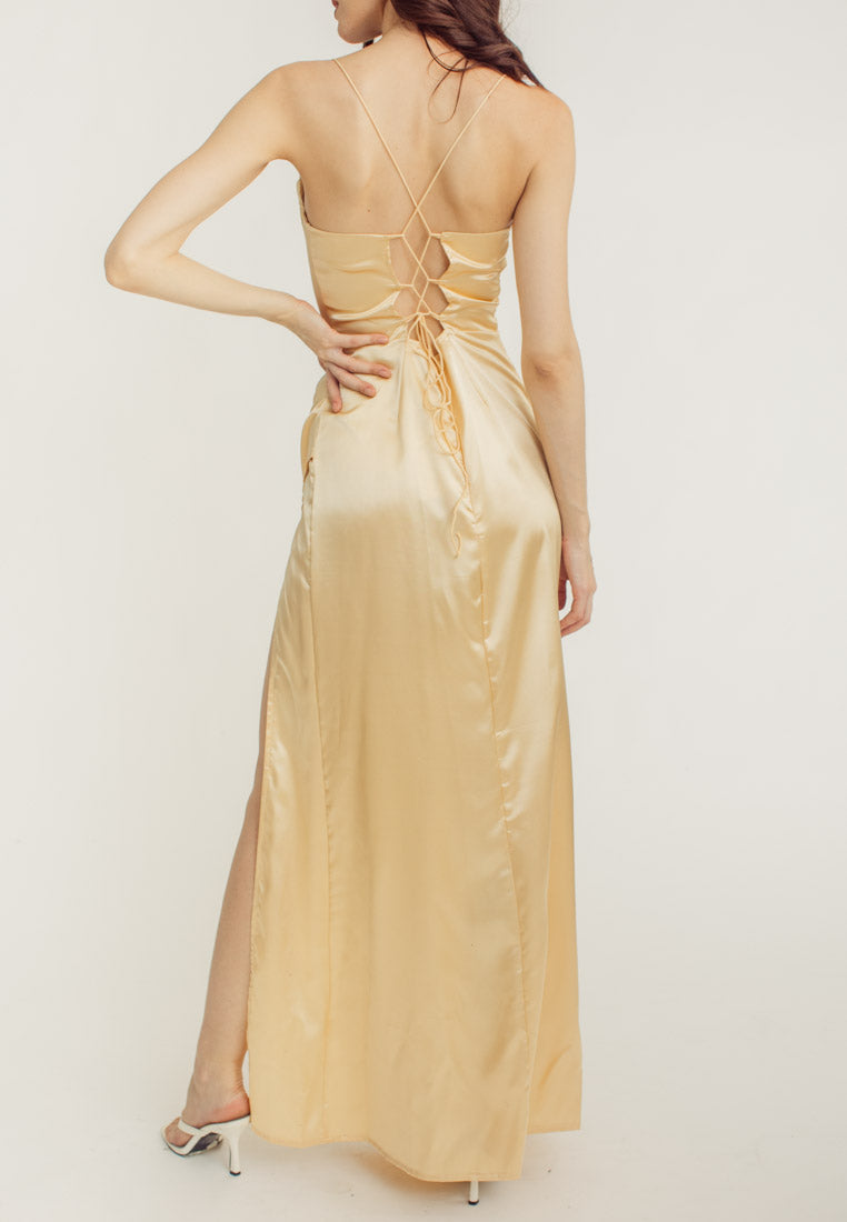 Rosie Cream Satin Corset Cowl Neckline with High Slit Maxi Dress