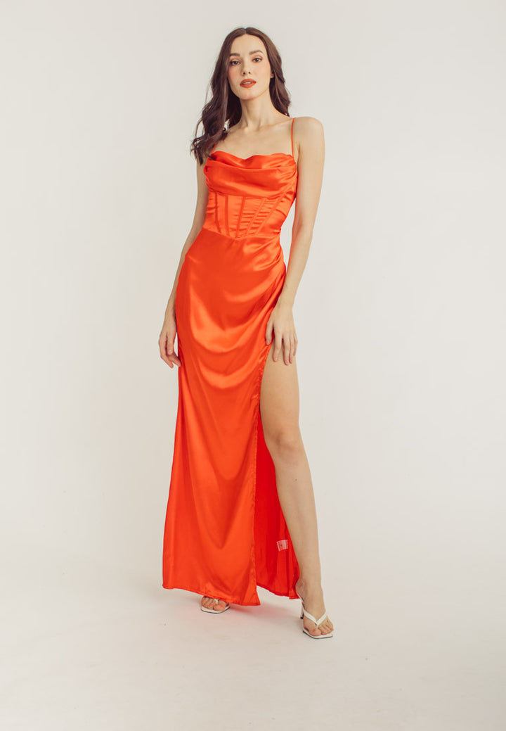 Rosie Red Satin Corset Cowl Neckline with High Slit Maxi Dress