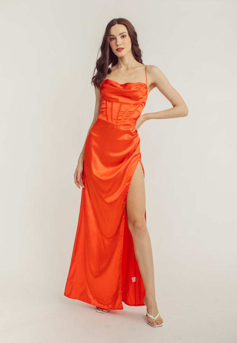 Rosie Red Satin Corset Cowl Neckline with High Slit Maxi Dress
