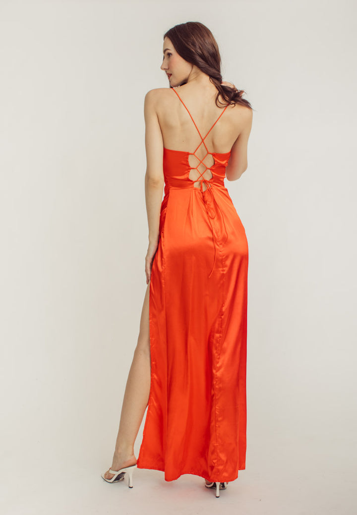 Rosie Red Satin Corset Cowl Neckline with High Slit Maxi Dress