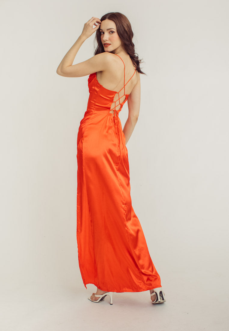 Rosie Red Satin Corset Cowl Neckline with High Slit Maxi Dress