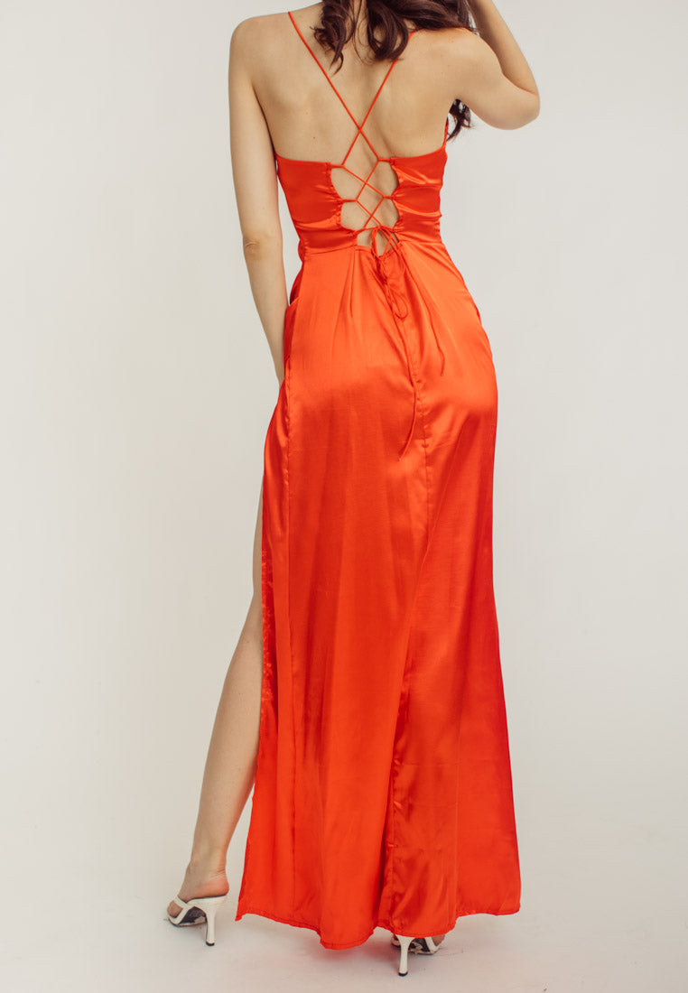 Rosie Red Satin Corset Cowl Neckline with High Slit Maxi Dress