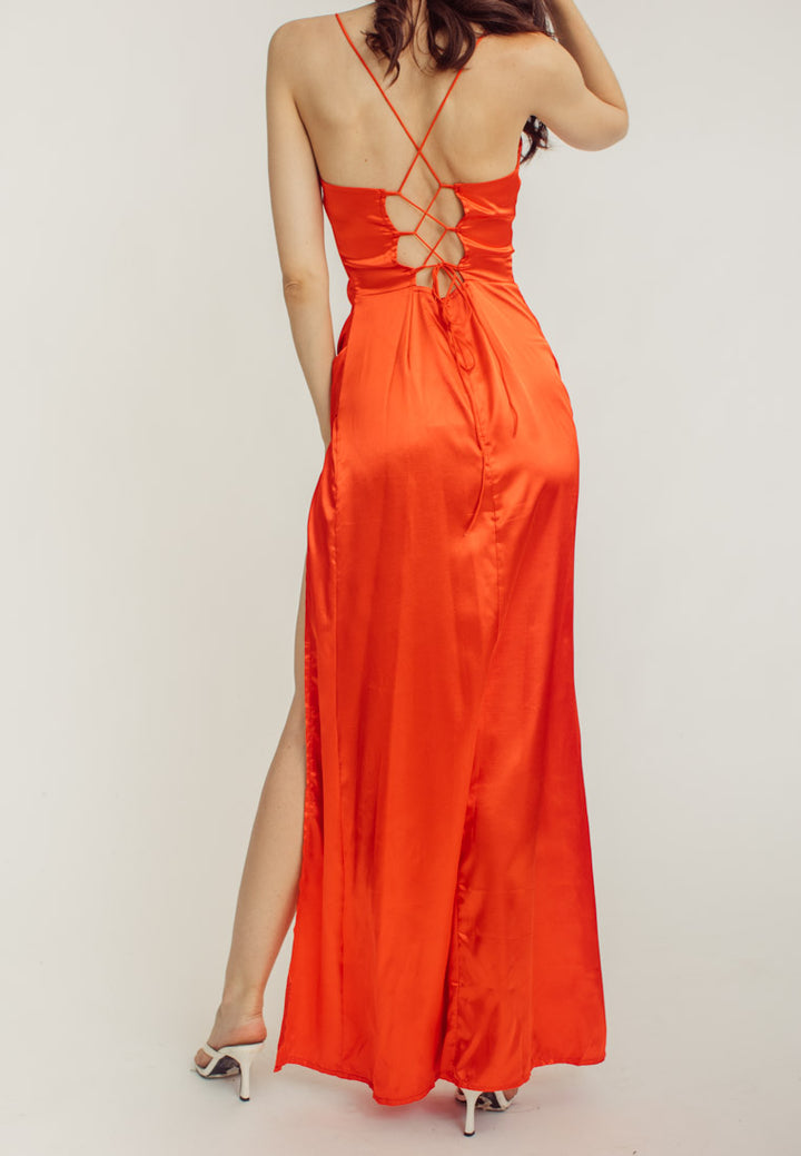 Rosie Red Satin Corset Cowl Neckline with High Slit Maxi Dress