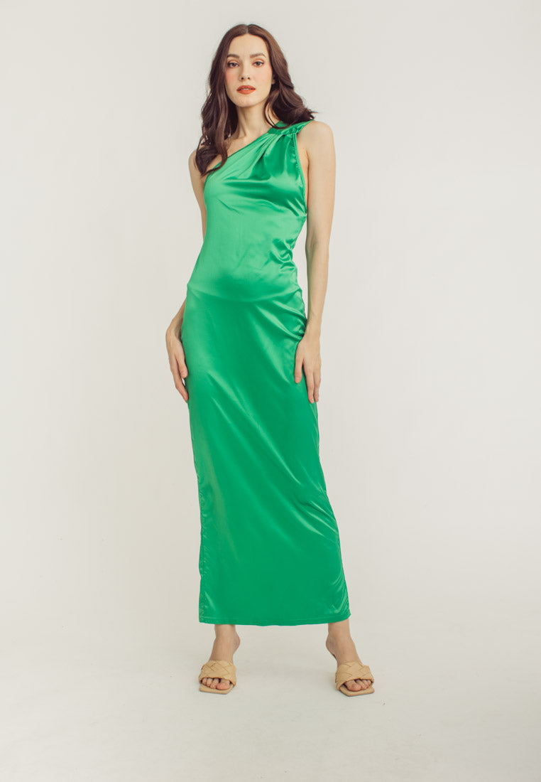 Ivana Green High Neck Sleeveless Drape Satin Maxi Dress
