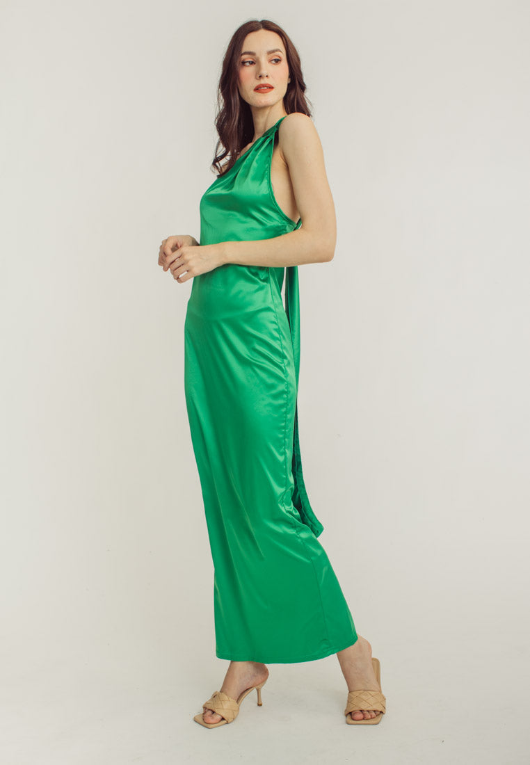 Ivana Green High Neck Sleeveless Drape Satin Maxi Dress