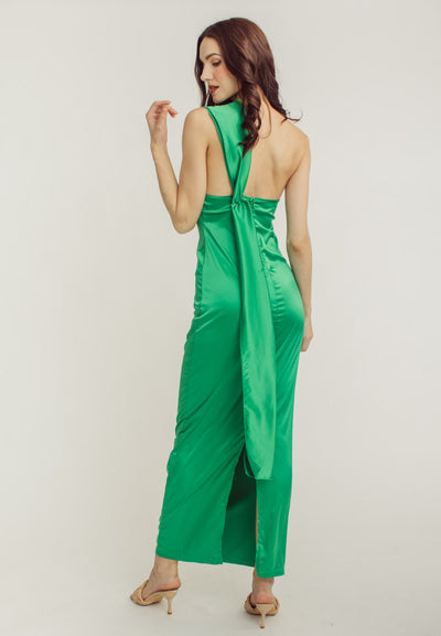 Ivana Green High Neck Sleeveless Drape Satin Maxi Dress