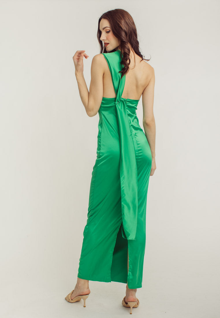 Ivana Green High Neck Sleeveless Drape Satin Maxi Dress