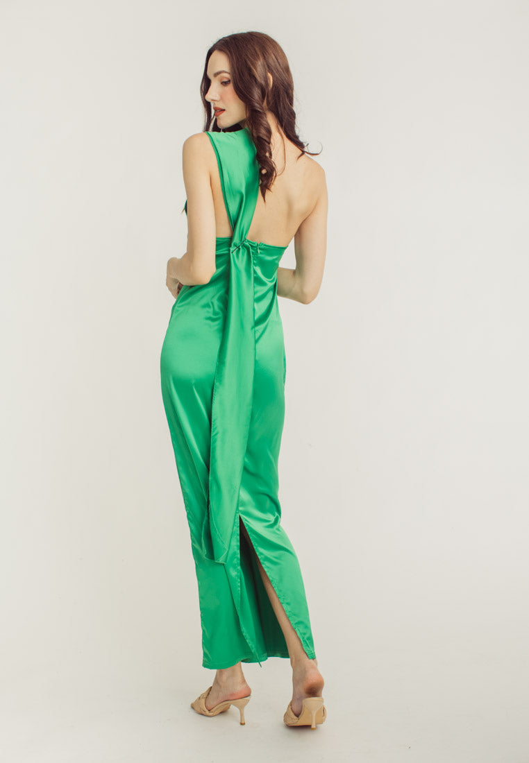 Ivana Green High Neck Sleeveless Drape Satin Maxi Dress