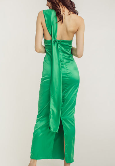 Ivana Green High Neck Sleeveless Drape Satin Maxi Dress