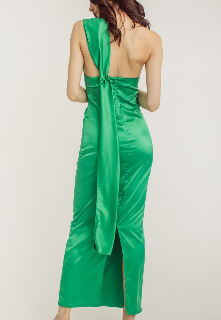 Ivana Green High Neck Sleeveless Drape Satin Maxi Dress
