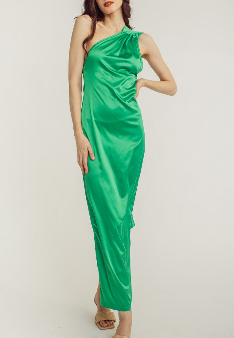 Ivana Green High Neck Sleeveless Drape Satin Maxi Dress