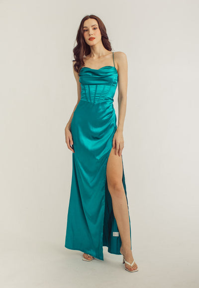 Rosie Turquoise Satin Corset Cowl Neckline with High Slit Maxi Dress