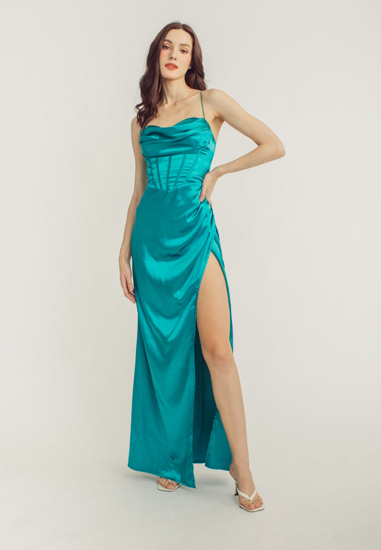 Rosie Turquoise Satin Corset Cowl Neckline with High Slit Maxi Dress