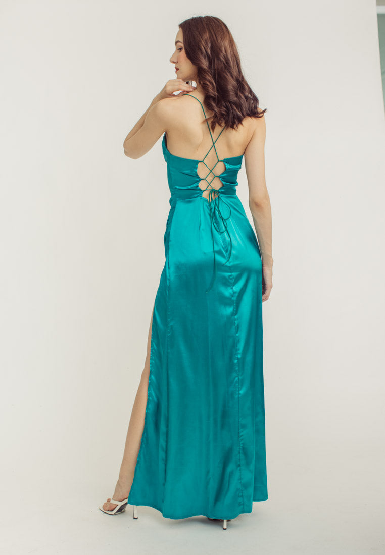 Rosie Turquoise Satin Corset Cowl Neckline with High Slit Maxi Dress