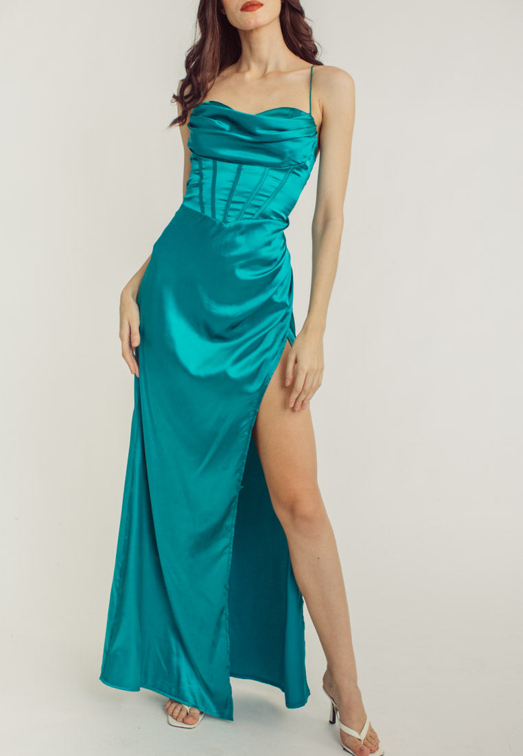 Rosie Turquoise Satin Corset Cowl Neckline with High Slit Maxi Dress