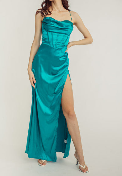 Rosie Turquoise Satin Corset Cowl Neckline with High Slit Maxi Dress
