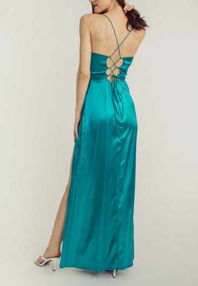 Rosie Turquoise Satin Corset Cowl Neckline with High Slit Maxi Dress