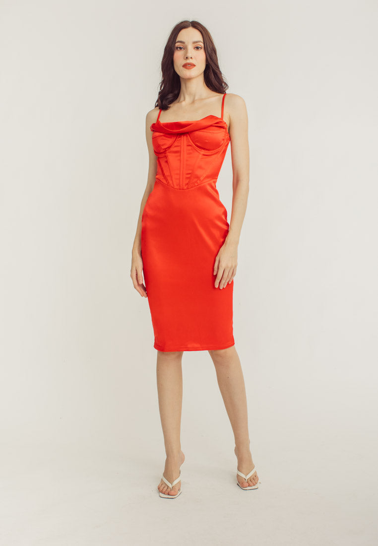 Shaan Red Cowl Neck Shaped Bust Corset Waist Sleeveless Midi Dress