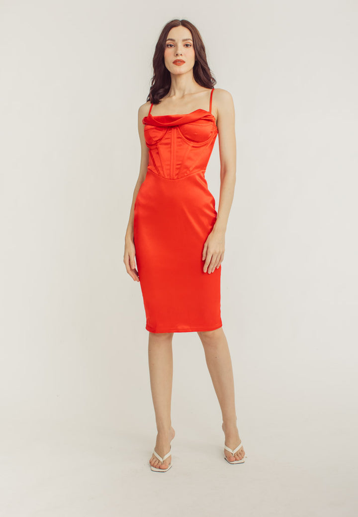 Shaan Red Cowl Neck Shaped Bust Corset Waist Sleeveless Midi Dress