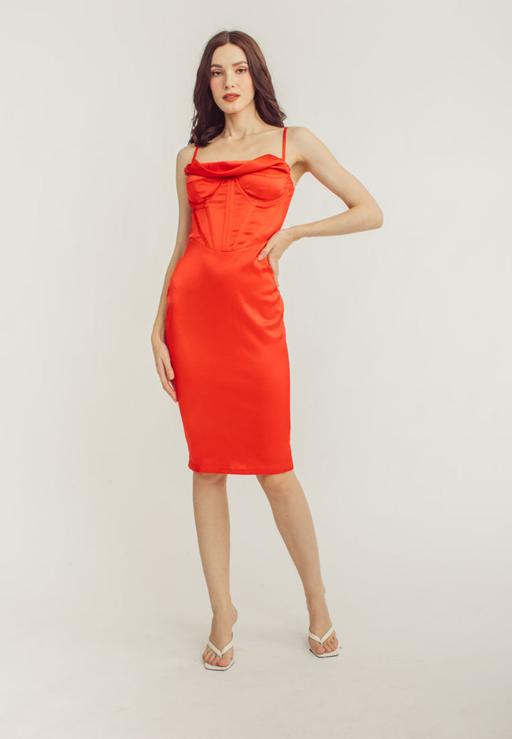 Shaan Red Cowl Neck Shaped Bust Corset Waist Sleeveless Midi Dress