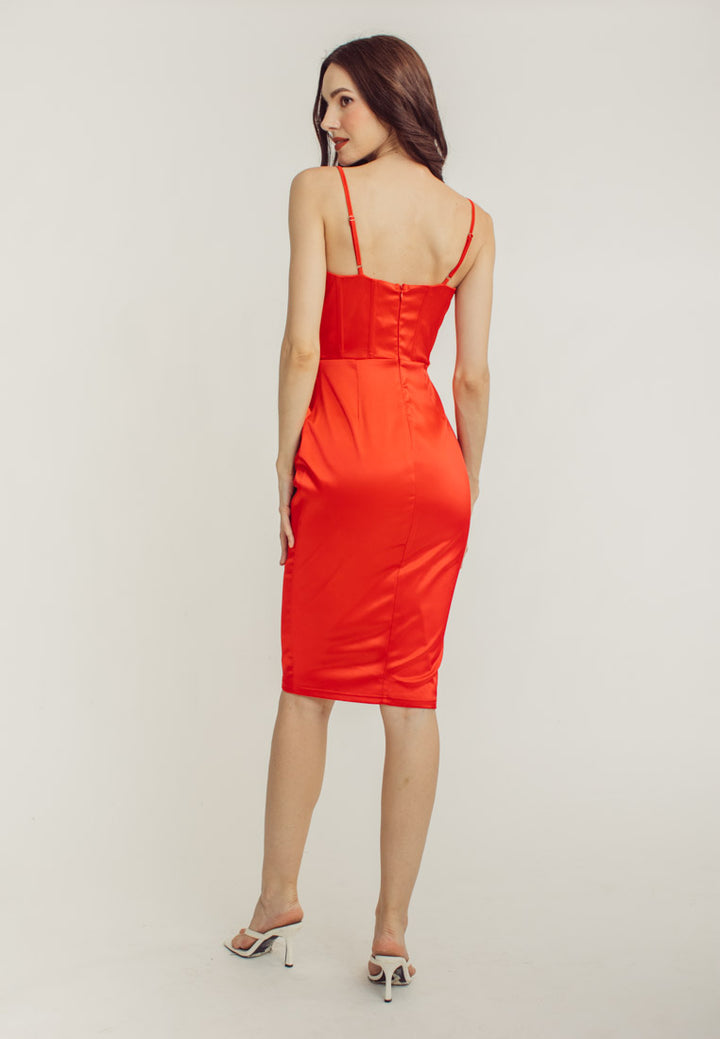 Shaan Red Cowl Neck Shaped Bust Corset Waist Sleeveless Midi Dress
