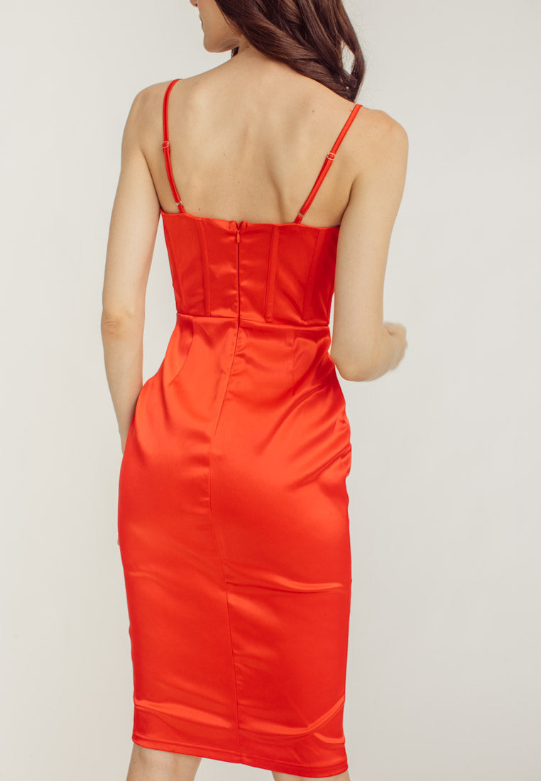 Shaan Red Cowl Neck Shaped Bust Corset Waist Sleeveless Midi Dress