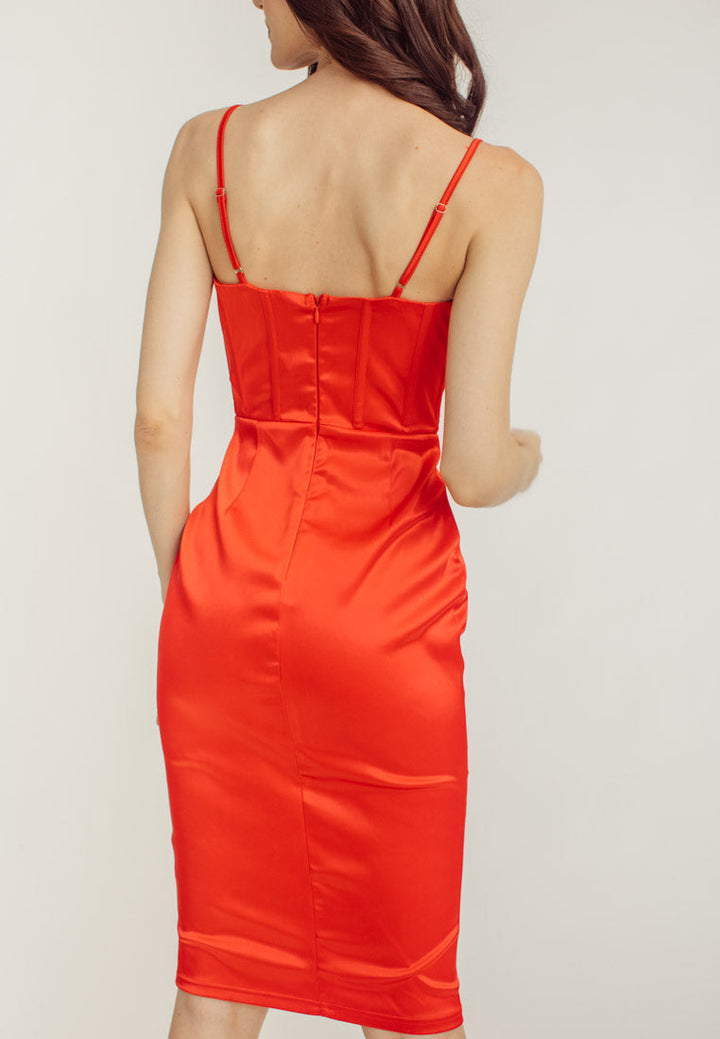 Shaan Red Cowl Neck Shaped Bust Corset Waist Sleeveless Midi Dress