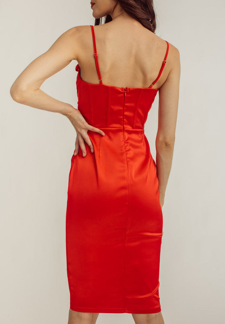 Shaan Red Cowl Neck Shaped Bust Corset Waist Sleeveless Midi Dress