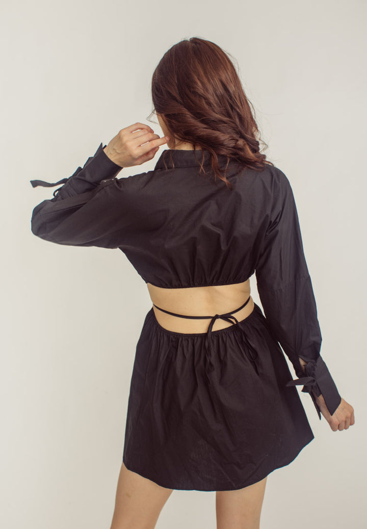 Amber Black Waist Hollow Long Sleeve Drawstring Collar Shirt Dress
