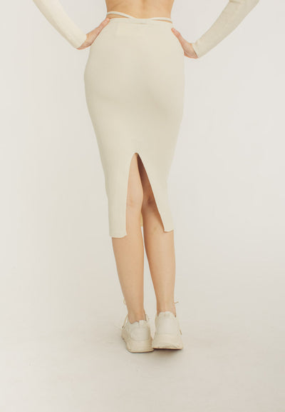 Banks Cream Knitted Bodycon Midi Skirt with Waist Strap