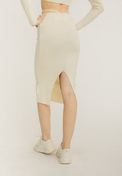 Banks Cream Knitted Bodycon Midi Skirt with Waist Strap