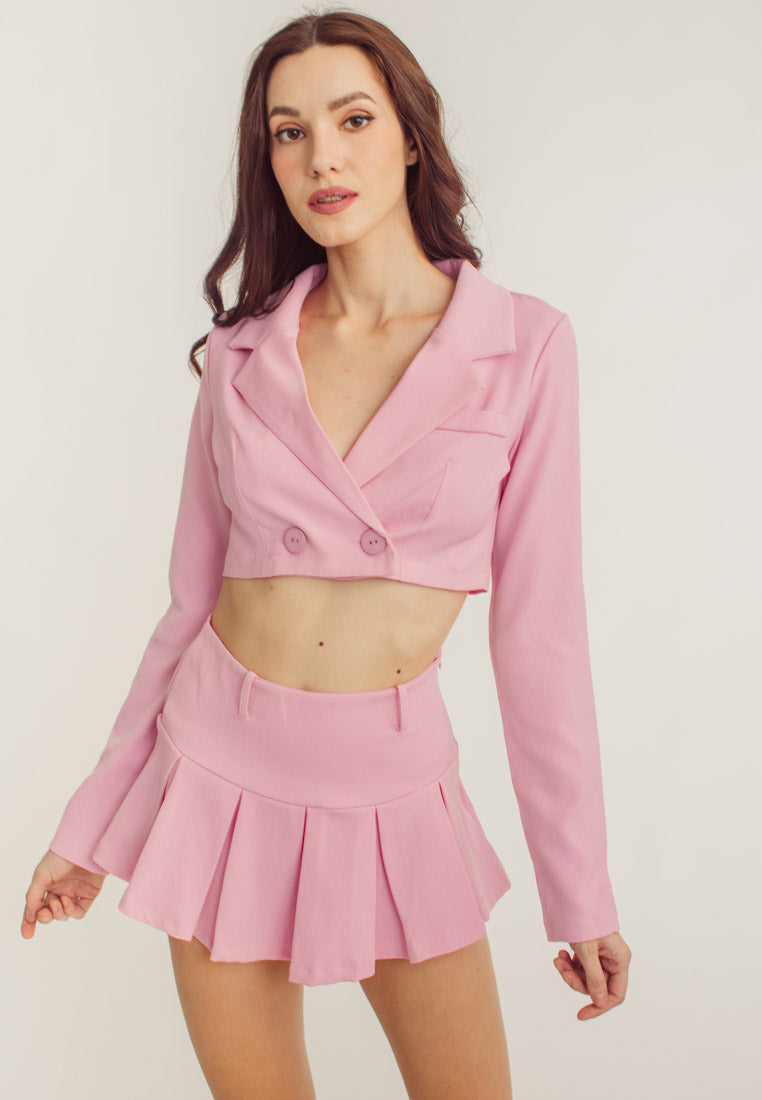 Noella Pink Plus Lapel Neck Blazer & Pleated Skirt Set
