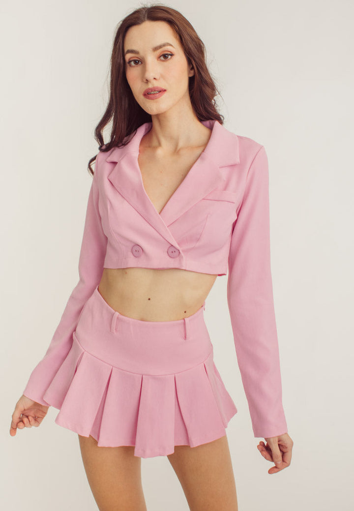 Noella Pink Plus Lapel Neck Blazer & Pleated Skirt Set
